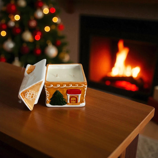 Bougie Maison de Noël – Senteur Cookie gourmand | Pot en céramique 🎅